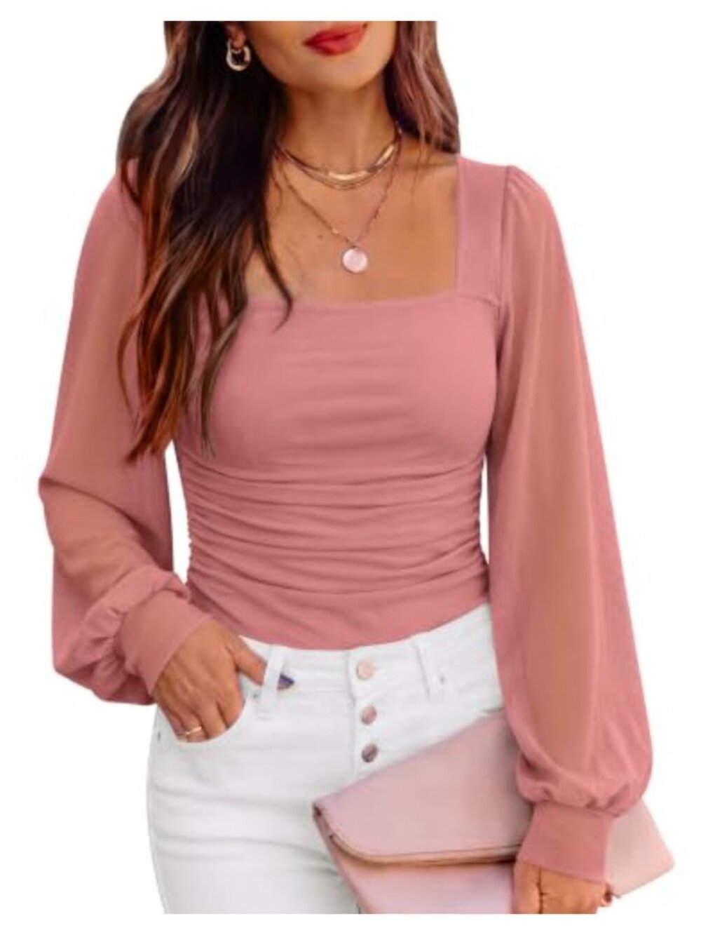 Square Neck Mesh Long Sleeve Blouse Double Lined Slim Fit Business Casual Top